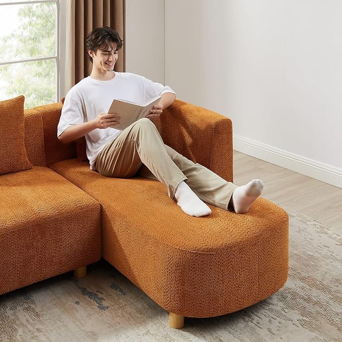 VANOMi 113 Sectional Sofa with 4 Pillows U-Shaped 4-Seater Comfy Boucle Cloud Couch Modern Double Chaises Lounge Sofas for Living Room Office Apartment (Curry-U)