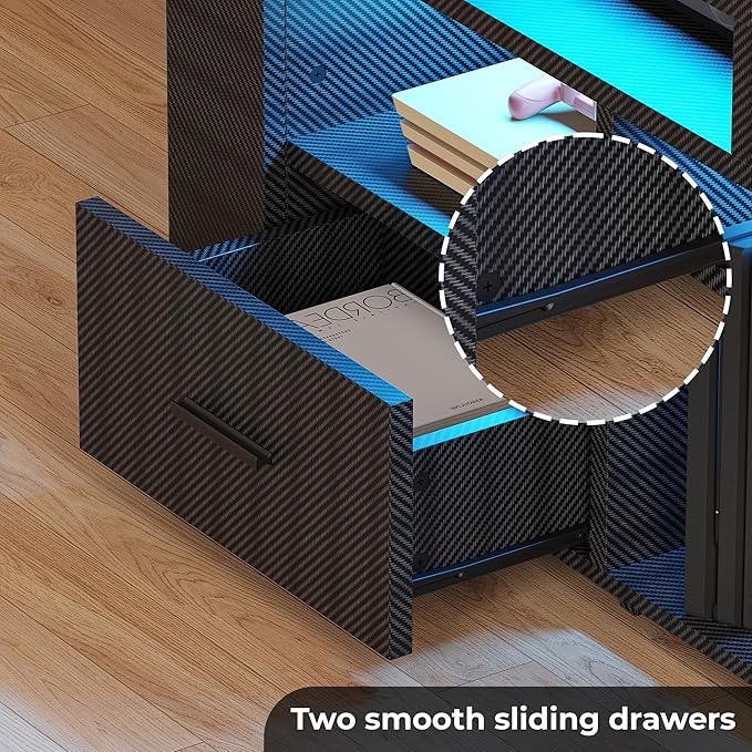 IRONCK TV Stand for 65 Inch TV Carbon Fiber Entertainment Center with 2 Drawers Charging Station &amp RGB LED Light Gaming Media Console for PS4 Bedroom Living Room Black