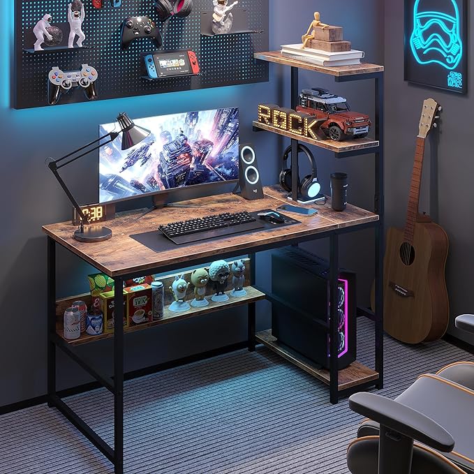 L-Shaped Computer Desk with 4-Tier Storage Shelves 43 inch Writing Desk with Bookshelf for Home Office Reversible Corner Gaming Desk for Bedroom Brown (Brown)