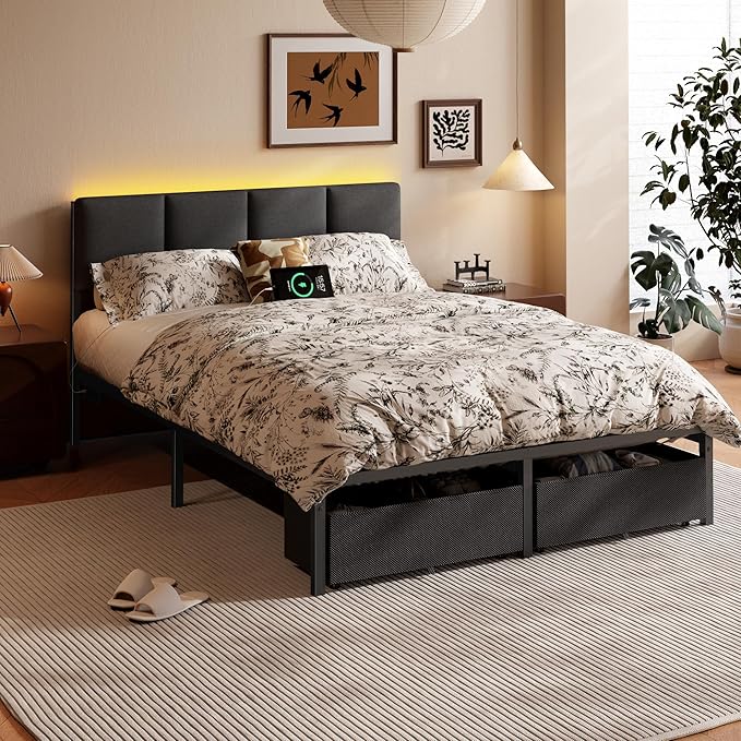 Furnulem Full Size Bed Frame with Headboard Upholstered Full Bed Frame with LED Light USB Charging Station Platform Bedframe with 2 Fabric Underbed Storage Drawers No Spring Box Needed