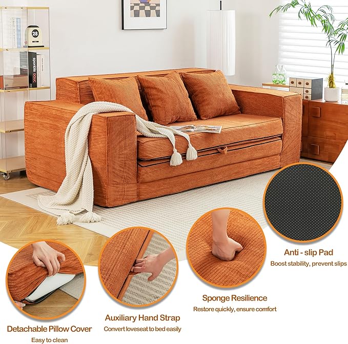HOMREST 76 Convertible Memory Foam 3-seat Sofa Pull Out Sleeper Sofa Bed 2 in 1 Folding Couch Bed Fold Out Floor Couch Corduroy Fabric with 3 Pillows for Living Room Bedroom Lounge (Brown)