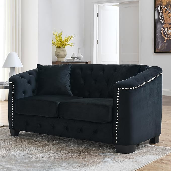 KEIKI 59 Chesterfield Sofa 2 Seater Retro Velvet Couch with Nailhead Arms Tufted Backrests 2 Cushions for Living Room Bedroom Office Apartment Black