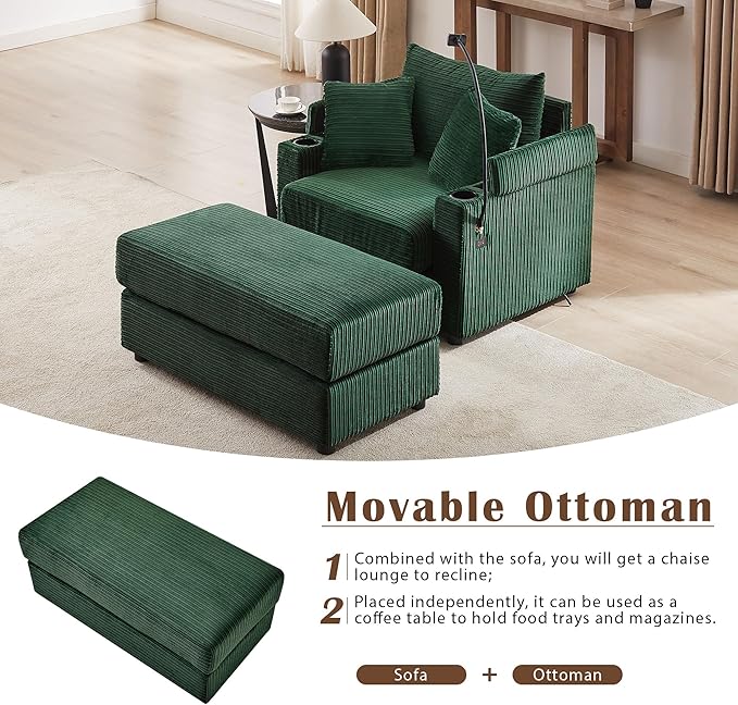 Merax Modern Corduroy Single Sofa with Ottoman Two USB Ports &amp Cup Holders Small Couch with Pillows &amp Phone Holder for Living Room Green
