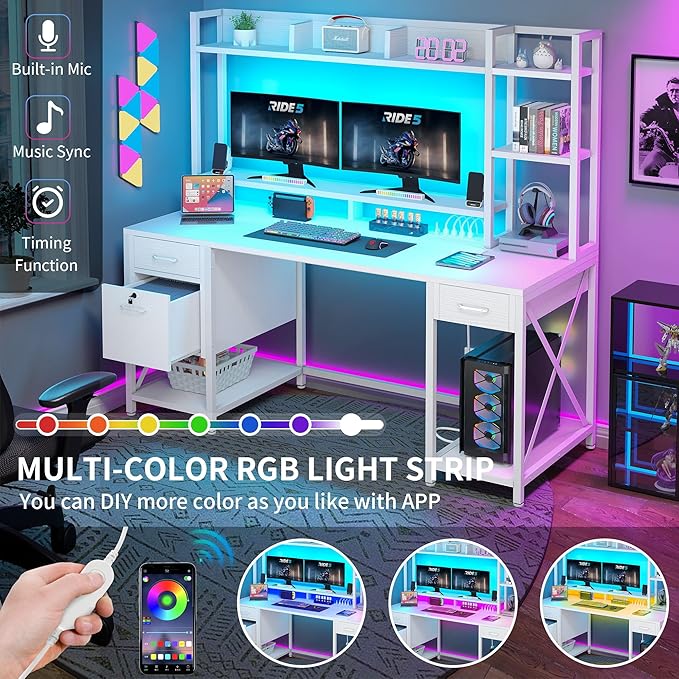 DWVO Computer Desk with Drawers &amp Hutch 59.1 Office Desk with Power Outlets &amp LED Lights Home Office Desk with Storage Shelves White