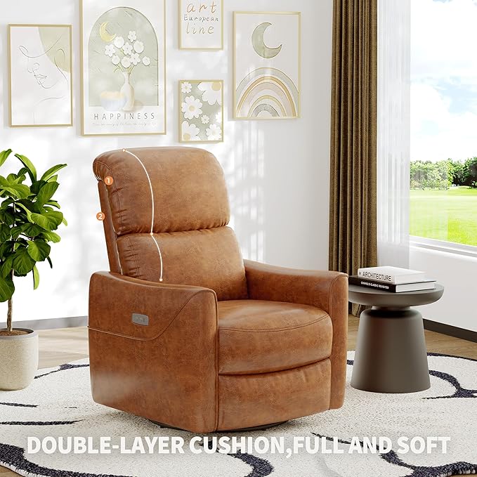 IDEALHOUSE Power Swivel Glider Recliner with Lumbar Support - Electric Rocking Chair Faux Leather Upholstery USB Charging Nursery Recliner for Living Room Bedroom