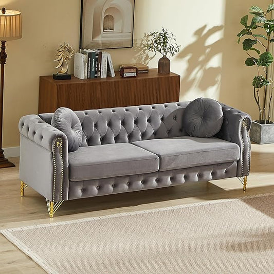 ERYE 82-Inch Button Tufted Sofa Couch with 2 Round Pillows 3 Seat Velvet Tufted Sofa Spacious Chesterfield Loveseat Couches W/Nailhead DecorRing Accent &amp Golden Legs