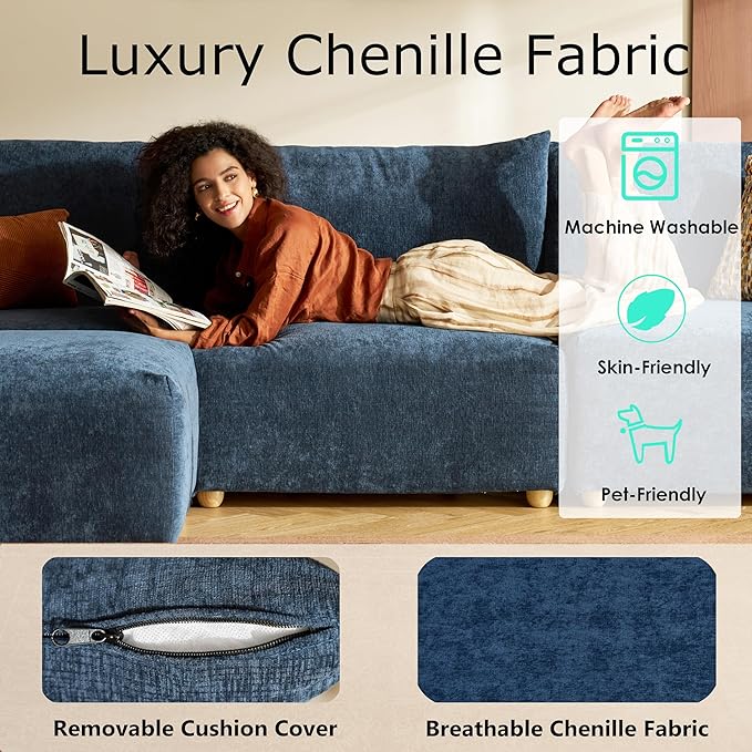 LINSY HOME Cloud Couch Sectional Modular Sofa Sectionals for Living Room Bedroom 91 2 Seater Love Seat Couch with Ottoman Deep Seat Cozy Couch Luxury Chenille Sofas Blue