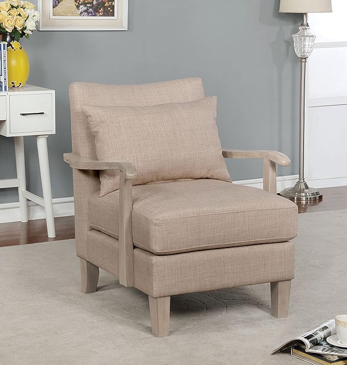 HOMES: Inside + Out Turney Fabric Upholstered Arm Chair with Pillow Back and Wooden Arm for Living Room Bedroom Beige