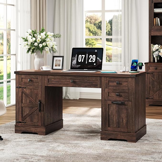 58'' Farmhouse Home Office Desk with Drawers Wooden Executive Desk with Charging Station File Drawers and Storage Cabinet Computer Desk for Work Study and Writing Brown