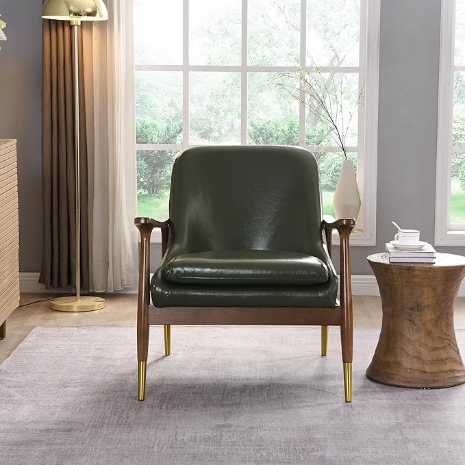 29.2 Mid-Century Modern Faux Leather Accent Chair with Padded Seat Solid Wood Frame &amp Brass Leg Caps - Perfect for Living Room Bedroom or Office Lounge (Green)