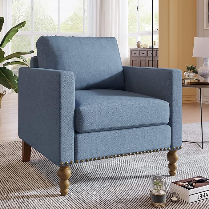 Generic Classic Linen Armchair Accent Chair with Bronze Nailhead Trim Wooden Legs Single Sofa Couch for Living Room Bedroom Balcony Navy Blue