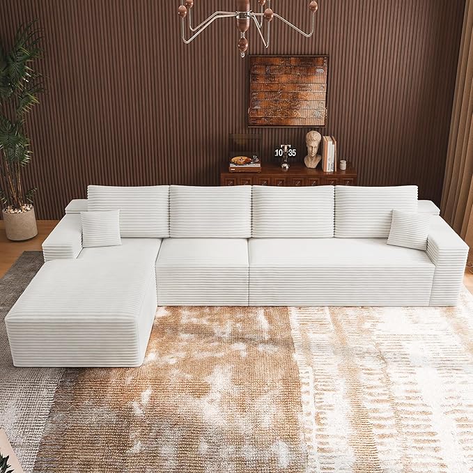 3-Piece Boneless Modular Sectional Sofa Cloud Couch with Left Facing Chaise Oversized Deep Seat Soft Corduroy Fabric Sectional Couch for Living Room-White