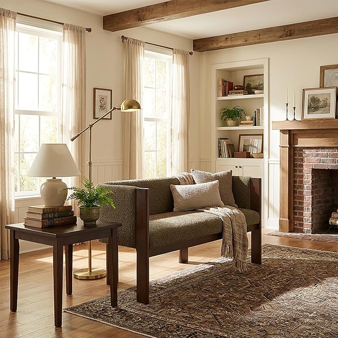 Christopher Knight Home Zudan Modern Boucle Upholstered Loveseat Sofa with Rubberwood Frame Comfy 2-Seater Sofa Couch and Flat-Panel Legs Love Seat Couches for Living Room Green + Walnut