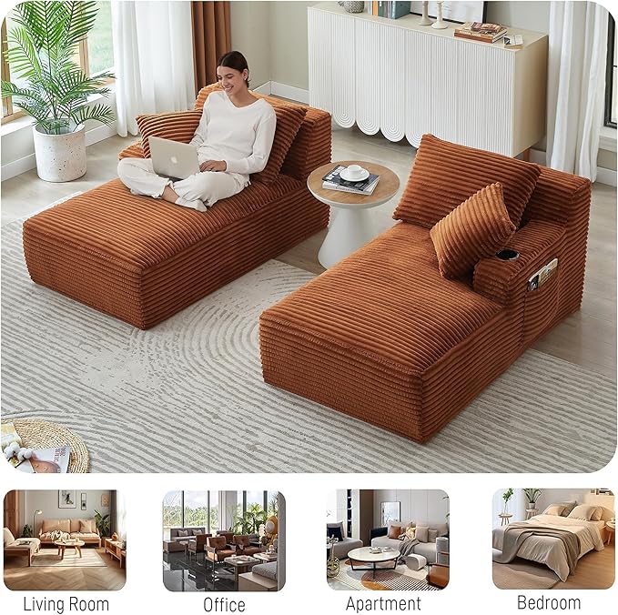Double Chaise Lounge Sofa Boneless Cloud Couch Bed with Cup Holders and Side Pockets Comfy Deep Seat Sleeper Sectional Loveseat Chair for Living Room (Orange 2 Seat)