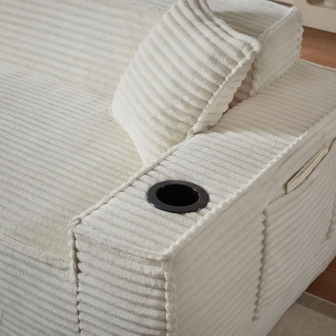 61 Cloud Loveseat Sofa with Cup Holder &amp Side Pocket Corduroy 2 Seater Sofa for Small Spaces Boneless Floor Sofa Couch with Pillow for Living Room Bedroom Apartment (White Loveseat Sofa) | N