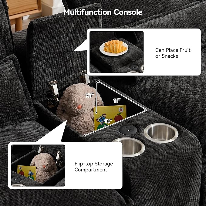 125 U Shaped Sectional Sofa with Storage Console Cup Holders &amp USB Ports Small Modular Deep Seat Cloud Couch Modern Comfy Chenille Sofas for Living Room Black