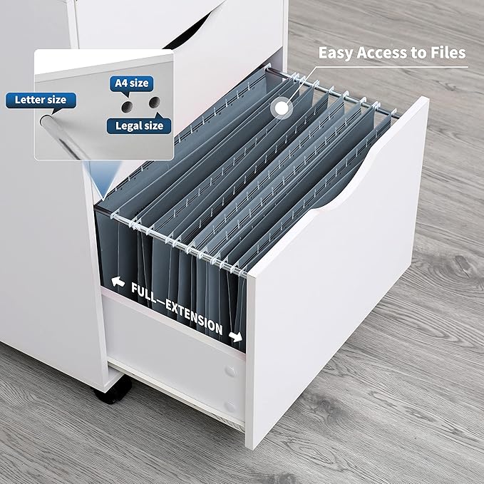 QDSSDECO 3 Drawer Mobile File Cabinet Rolling Vertical Filing Cabinet fits A4 Legal Paper and Letter Paper for Home Office White