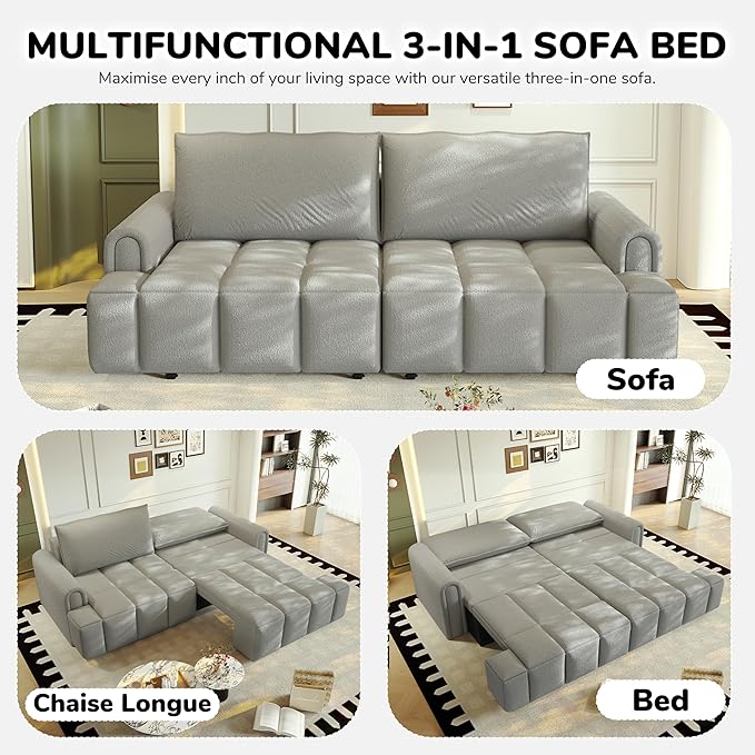 90 Comfy 4-Seater Modern Teddy Sofa with Seats Storage King Size 3-in-1 Convertible Sleeper Sofa Bed for Living Room (Grey)