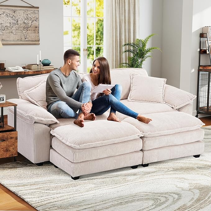 Corduroy Modular Cloud Sofa with Ottoman Comfy 2-Seater Sectional Loveseat Sleeper for Living Room Upholstered Deep Seat Modern Couch &amp 2 Throw Pillows and Detachable Armrest (Off White)