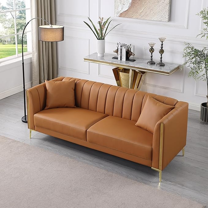 FOTOSOK Leather Couch Sofa Office Couches 78'' Apartment Faux Leather Sofa with 2 Throw Pillows &amp Gold Metal Legs Waterproof 3 Seater Couches for Small Living Room Affordable Luxury Design