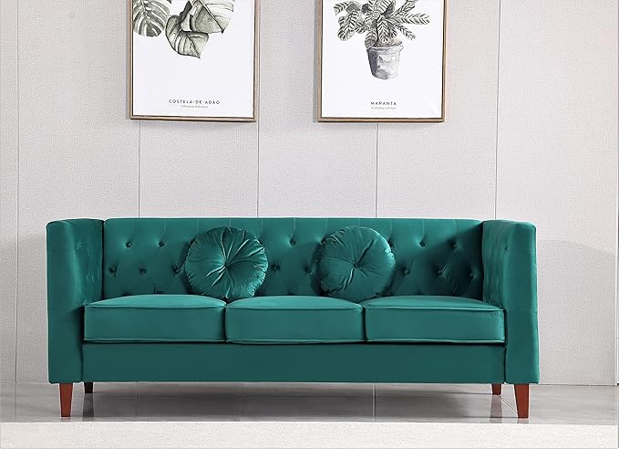 Kittleson Classic Chesterfield Velvet Sofa with Elegant Button Tufted Backrest Square Legs High-Density Foam &amp Accent Pillows 3 Seater Couch for Living Room Sofa Green