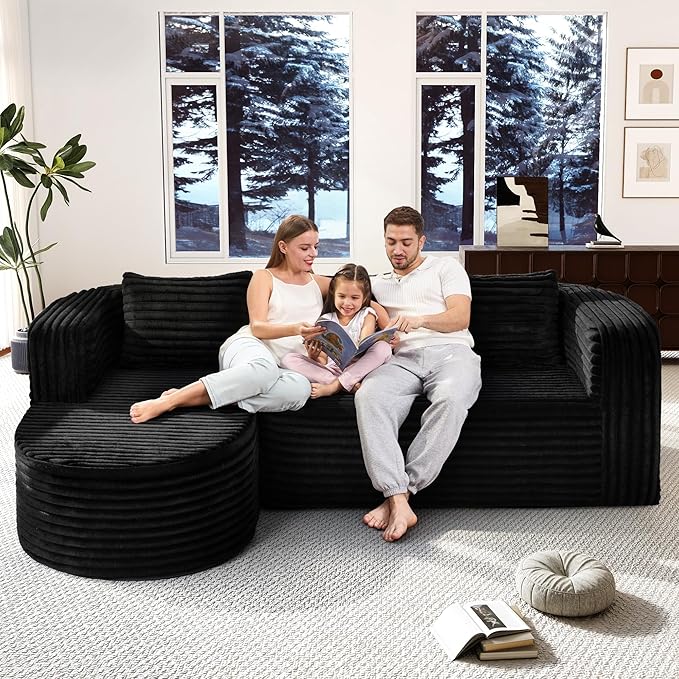 Hobestluk 96 Cloud Sectional Couch Modern Boneless Couch 3 Seater with Oversized Chaise L Shaped Modular Sofa Couches for Living Room Apartment No Assembly Required (Stripe BlackLeft Facing Chaise)