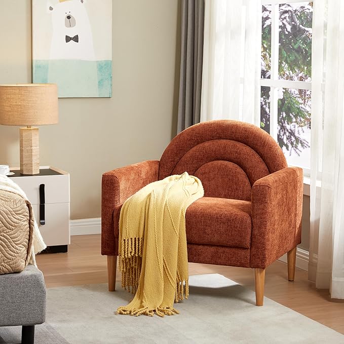 Accent Chair Reading Chair with Armrest Small Comfy Chair for Small Spaces Modern Linen Upholstered Armchair for Bedroom &amp Living Room Single Sofa Chair with Wood Legs Easy Assembly (Ocher)