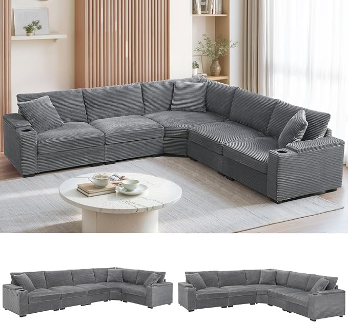Merax 106 Corduroy Sectional Corner Sofa with Cup Holders &amp USB Charger 5 Seat Convertible L Shaped Couch Set with Armrest Storage Oversized Comfy Modular Sofabed for Living Room &amp Apartmen