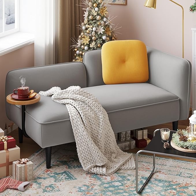 2 Seater Couch Small Love Seat Couches for Small Spaces Bedroom Living Room 57 Mini Sofa Apartment Size Couch Linen Retro Loveseat with Pillow and Removable Tray (Gray Left)