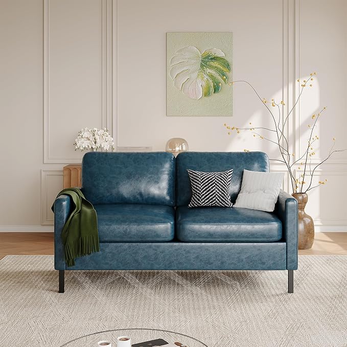 STHOUYN 57 W Faux Leather Loveseat w/ 2 USB Small Loveseat Sofa w/Side Pockets Wooden Frame Small Couch w/Metal Legs Office Mini Couch for Dorm Bedroom Apartment
