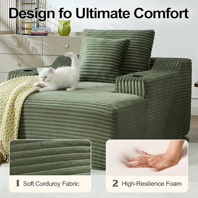 Chaise Lounge Chair Indoor Cloud Sofa Bed with Cup Holders Corduroy Upholstered Couch with 17.71 Seat High Lazy Sofa Bed for Living Room Apart Fully Assembled - Green