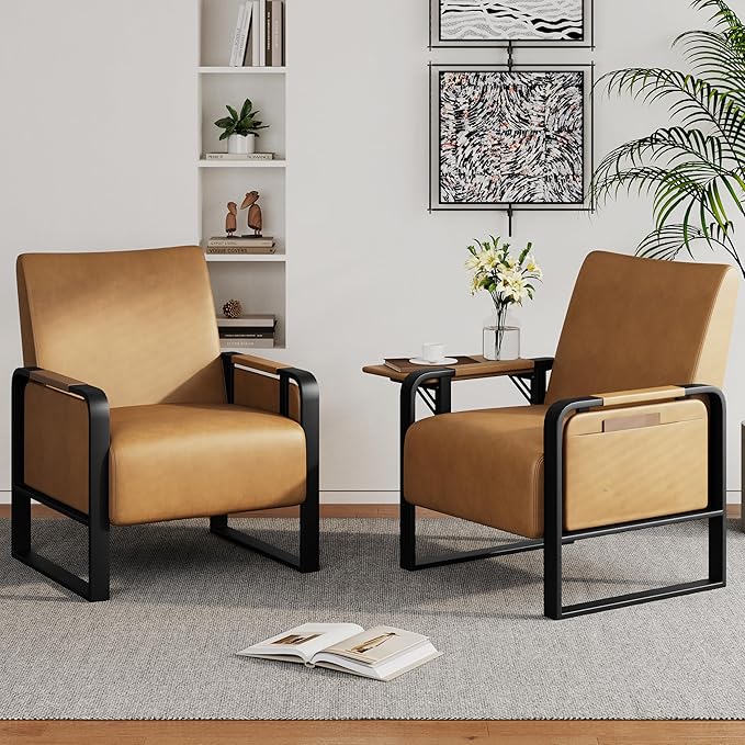 Andeworld Modern Accent Chair Mid Century Living Room Armchair Upholstered PU Sofa Side Chair with Side Table for ReadingWorkingOfficeApartmentBrown