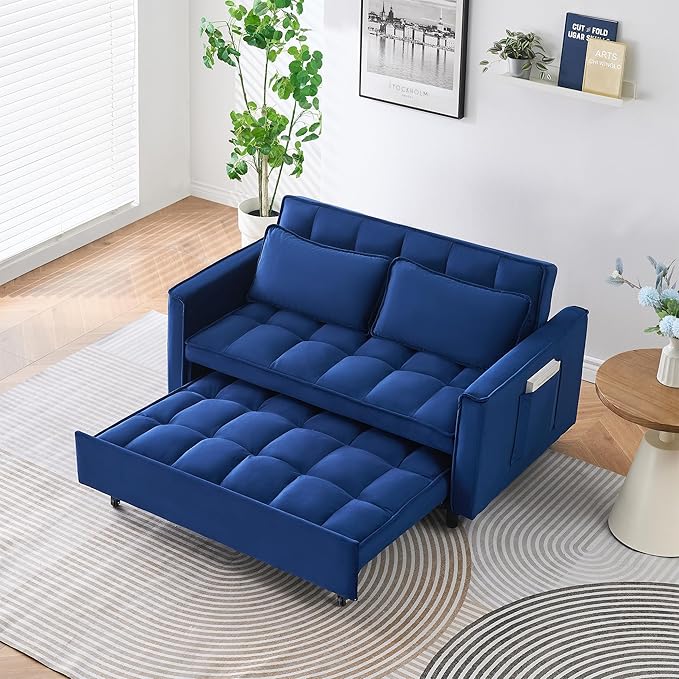 55 Modern Velvet Loveseat Sleeper Sofa 3-in-1 Convertible Pull-Out Bed with Adjustable Backrest 2 Pillows &amp Side Pockets Small Pull Out Couch for Living Room Apartment(Blue)