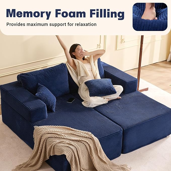 Chaise Lounge Chair Boneless Couch for Living Room and Bedroom Set of Sleeper Couches Reading Chairs Corduroy Blue