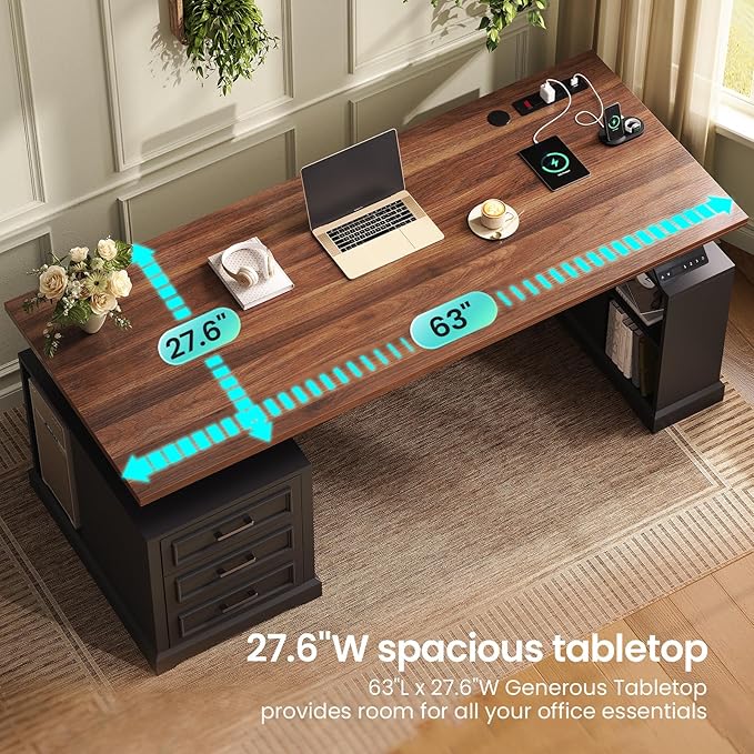 SEDETA Farmhouse Electric Standing Desk 63 Height Adjustable Computer Desk with 3 Drawers Storage Shelves Power Outlets Wood Home Office Stand up Desk for Work Study Writing Black