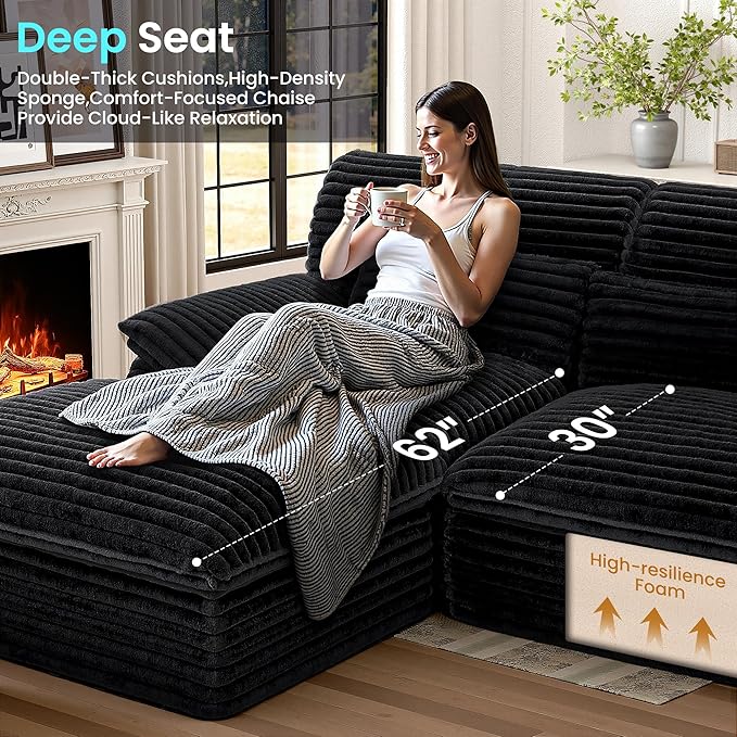 Pamapic 3-Seat L-Shaped Modular Sectional SofaBoneless Cloud Couch with Double-Layer Deep Seat Comfy Corduroy Fabric 72h ReboundBlack