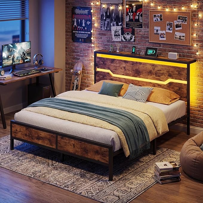 Full Size Bed Frame with LED Lights &amp Charging Station Bed Frame Full with Headboard13 Under Bed Storage Noise-Free Heavy Duty Metal Support Modern Brown