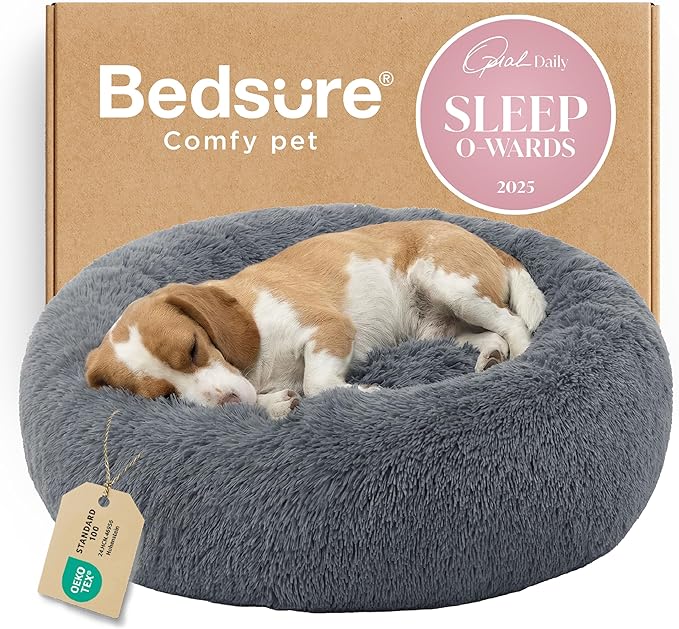 Bedsure Calming Dog Bed for Medium Large Dogs - Donut Washable Large Pet Bed 33 inches Anti-Slip Round Fluffy Plush Faux Fur Dog Bed Dark Grey