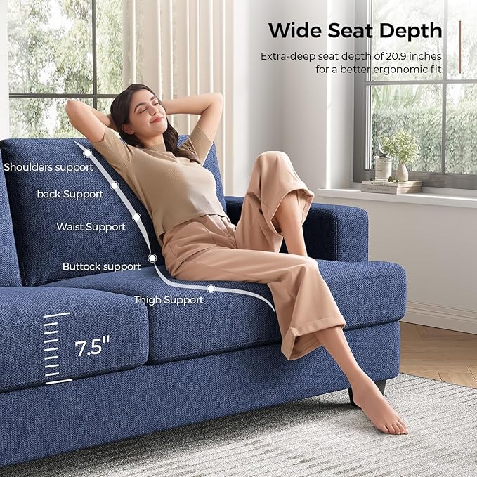 84 Inch Sofa with Extra Deep Seats Oversize Linen Fabric 2 Seater Sofa for Living RoomModern Couch and Loveseat Comfy Armrests and Seats and Backrests Easy Installation Blue