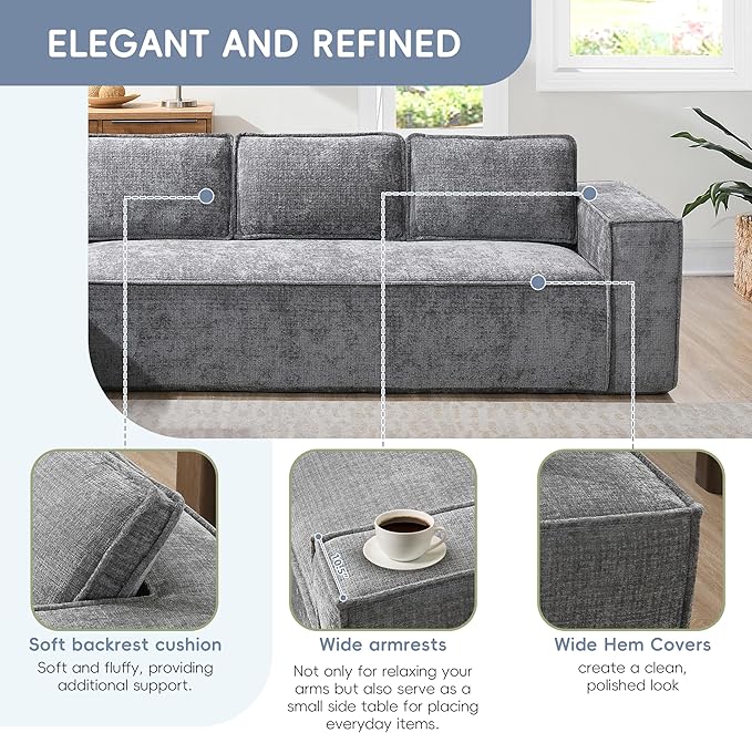 129.5 Minimalist Style Modular Sectional Sofa 6 Seat Wrinkle-Resistant Chenille Couch Set 2 PC Free Combination Modern L-Shaped Cloud Sofa Set for Living Room (Gray-ER11)