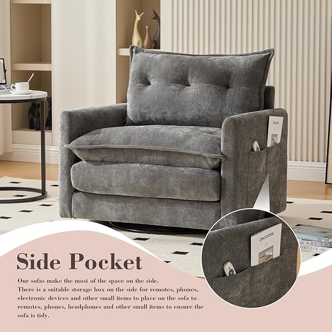 Swivel Accent Chair Modern Chenille Arm Chair Comfy Upholstered Accent Chair with 360 Degree Rotating Metal Base Single Sofa Chairs for Living Room Bedroom Reading Room Gray