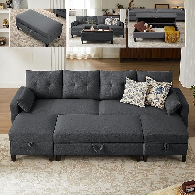 Convertible Sectional Sofa with Storage Ottoman Bench 101 U Shaped Couch 4-Seat Sofa Set for Living Room/Apartment Sectional Couch with Movable Ottoman Darkgrey