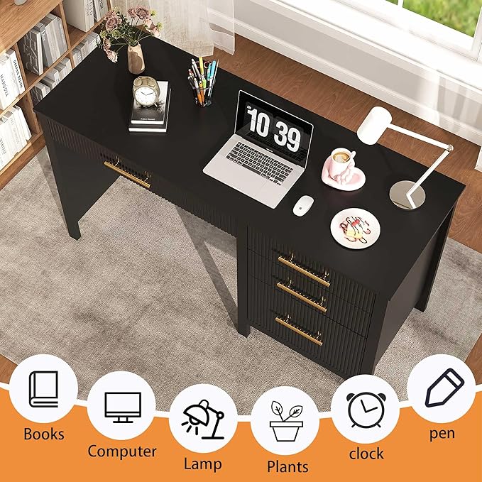 Black Executive Desk with Drawers: 54 Wood Computer Desk with File Drawer Modern Home Office Desks with Storage Fluted Writing Desks for Working Studying (Black 54)