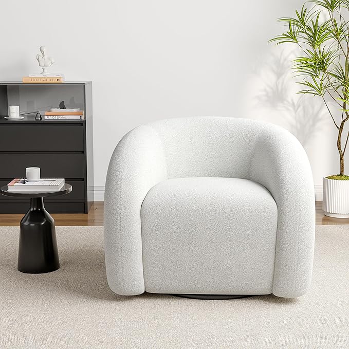 UIXE Swivel Barrel Accent Chair Boucle Upholstered Arm Chair for Living Room Modern Round Armchair Comfy Reading Sofa Seat with Solid Metal Base Fully Assembled - White