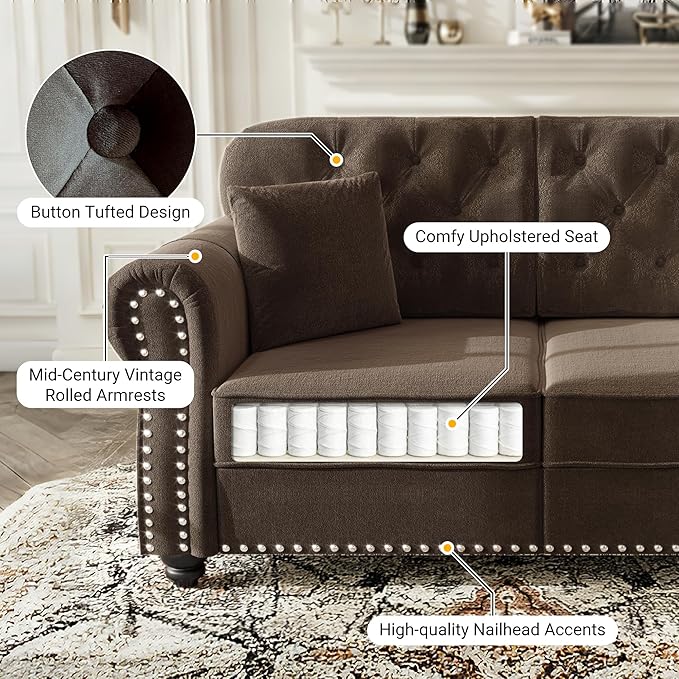 63 Deep Seat Chesterfield Loveseat Mid-Century Modern Velvet Couch with Nailhead Trim Rolled Arm and Pillows Comfy Tufted Upholstered 2 Seater Love Seat Couches for Living Room Bedroom (Brown)