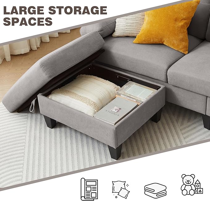 84 Convertible Sectional Sofa Modern Linen Fabric Small L Shaped Couch with Reversible Chaise 3-Seat Sofa Couches for Living Room Apartment and Small SpaceLight Grey