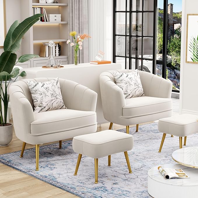 Andeworld Velvet Accent Chair with Ottoman Upholstered Modern Single Sofa Side ChairComfy Barrel Club Living Room Armchair with Golden Metal Legs for Bedroom Living Reading Room Office Beige