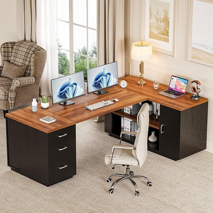 LITTLE TREE 87-Inch Modern Executive Desk with File Cabinet Large Home Office Desk with Drawers 3-Drawer Wooden File Cabinet Spacious Workstation for Home Office (Brown &amp Black)