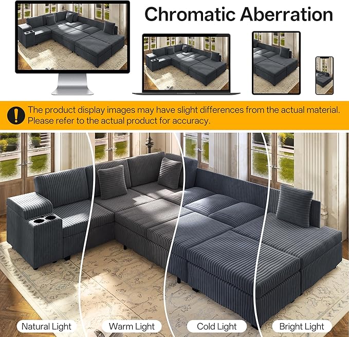 KEIKI 110 L-Shaped Oversized Plush Corduroy Modular Sectional Sofa with Pull-Out Bed Convertible 6-Seater Sleeper Couch Bed with 1 Ottomans &amp USB &amp Cup Holders Easy Assembly for Living Roo