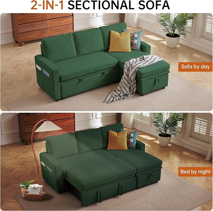 79 Sleeper Sofa Bed 3-in-1 Convertible Sofa Pull Out Couch with Storage | Reversible Chaise | L Shaped | Layered Storage | 3-Seater Comfy Sectional Couch Pullout Bed for Living Room